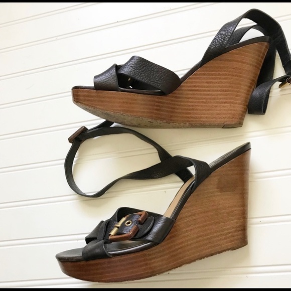Chloe Buckle Wooden Sole Wedges Size 37 - Picture 9 of 9